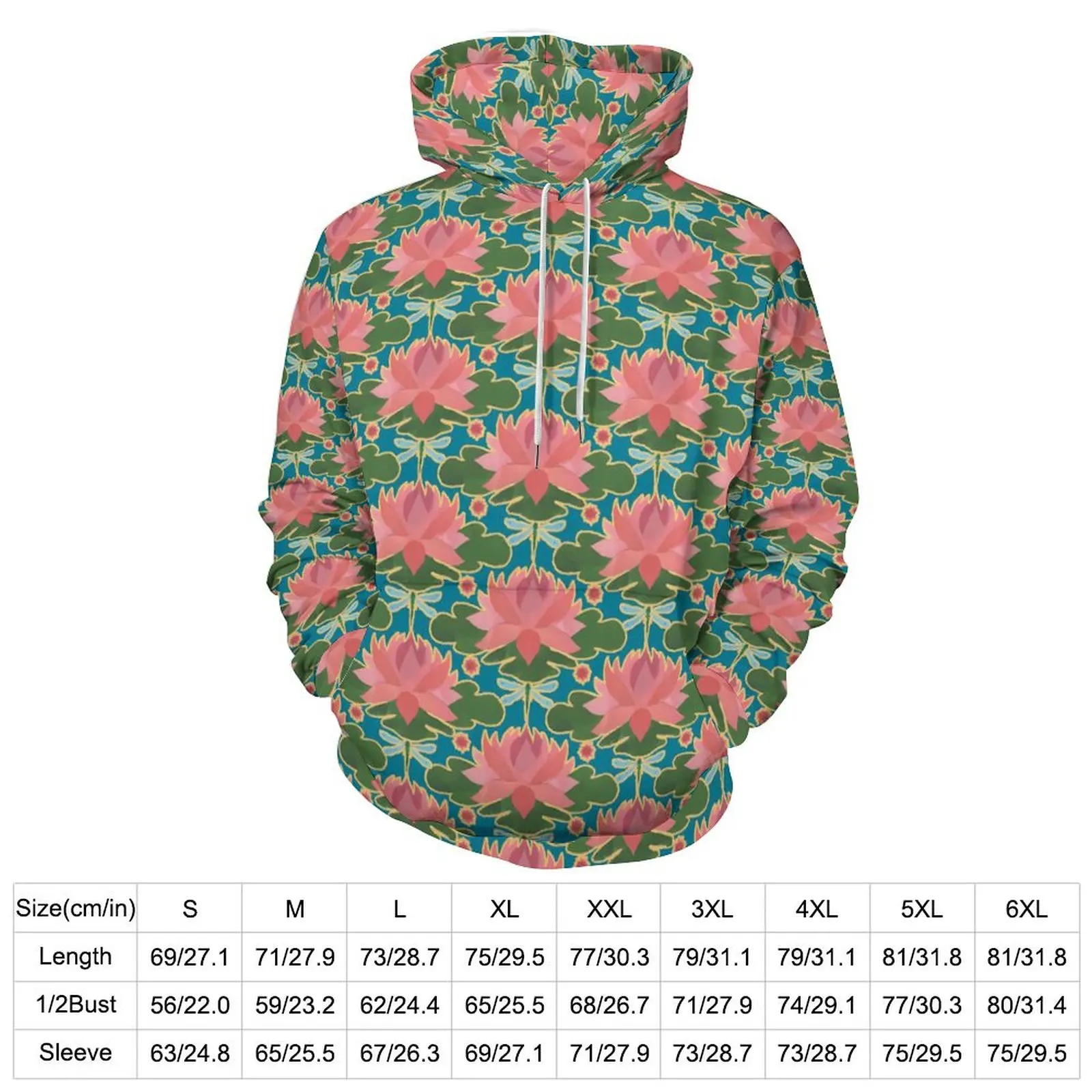 Pink Water Lily Casual Hoodies Men Blue Dragonflies Hip Hop Hooded Sweatshirts Autumn Long Sleeve Street Fashion Oversize Hoodie