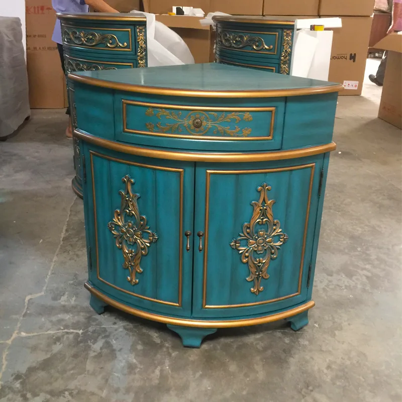 

Blue carved corner cabinet, triangular cabinet 90 degrees right angle retro old living room storage side cabinet