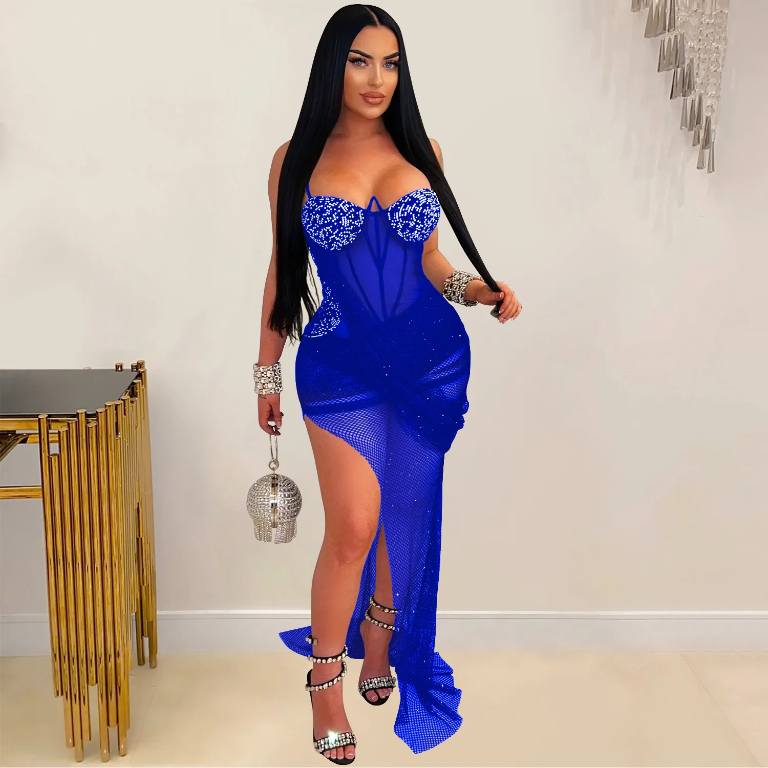 Women Sexy Solid Color Spaghetti Strap Rhinestone Decor Sheer Mesh Irregular Party Dress