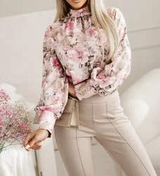 French Elegant Women's Blouse Fashionable Flower Print Commuting Stand Collar Casual Loose Lantern Sleeves Chiffon Shirt Top