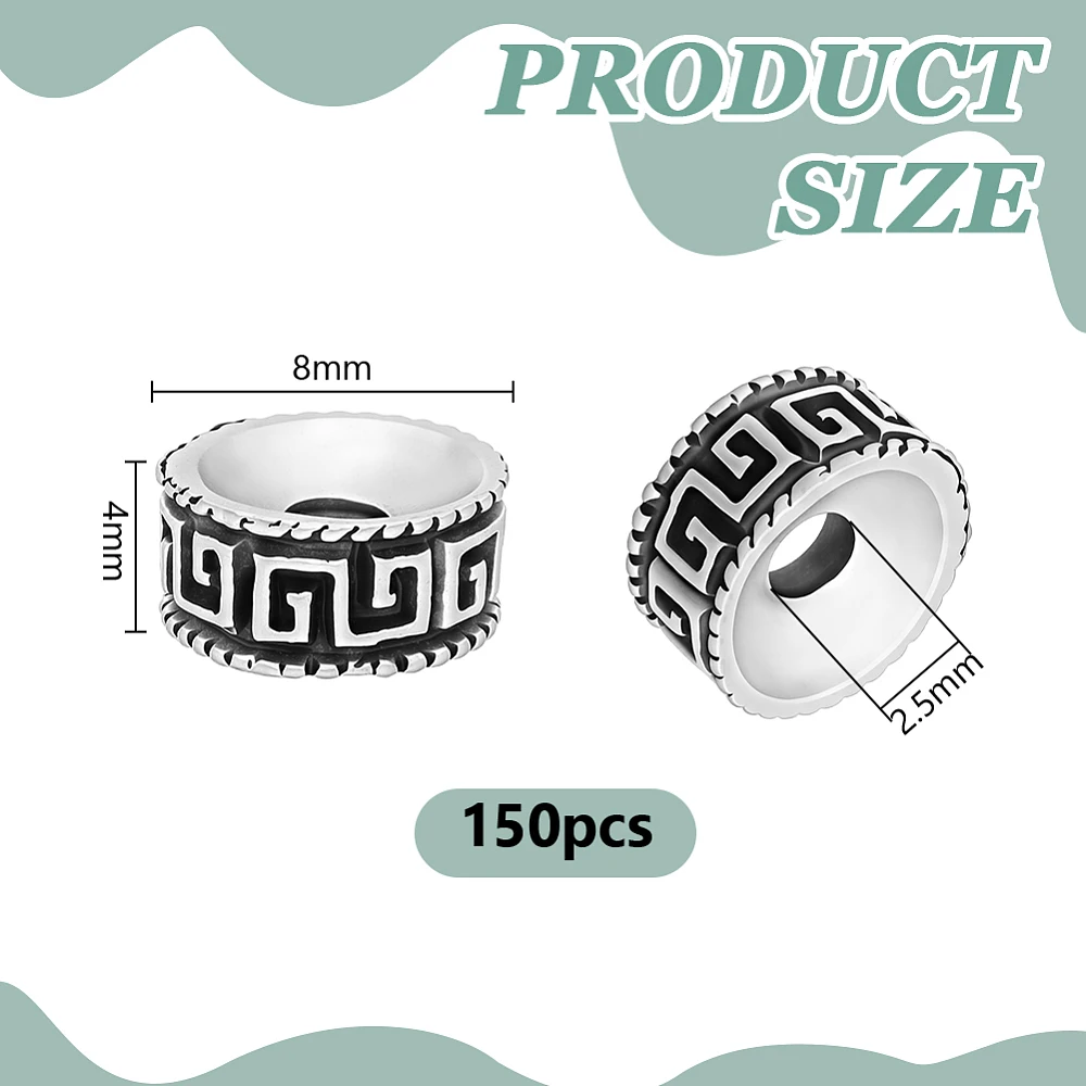 150 Pcs Spacer Beads 8mm Flat Round Large Hole 2.5mm Alloy Silver Greek Key Pattern for DIY Bracelet Necklace Jewelry Making