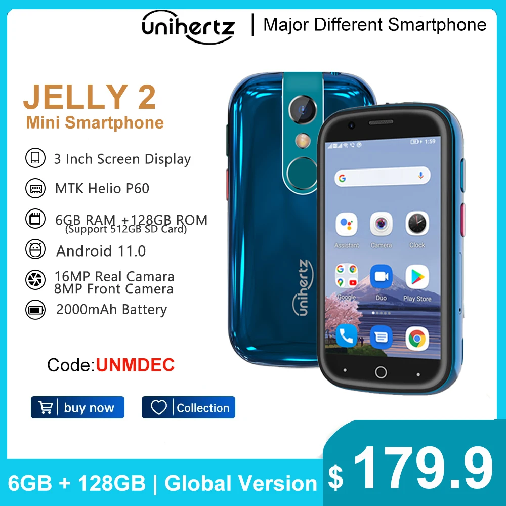 Unihertz-teléfono inteligente Jelly 2, Smartphone Mini de 4 pulgadas, Android 11, Helio P60, ocho núcleos, libre, 6GB, 128GB, NFC, 16MP, infrarrojo