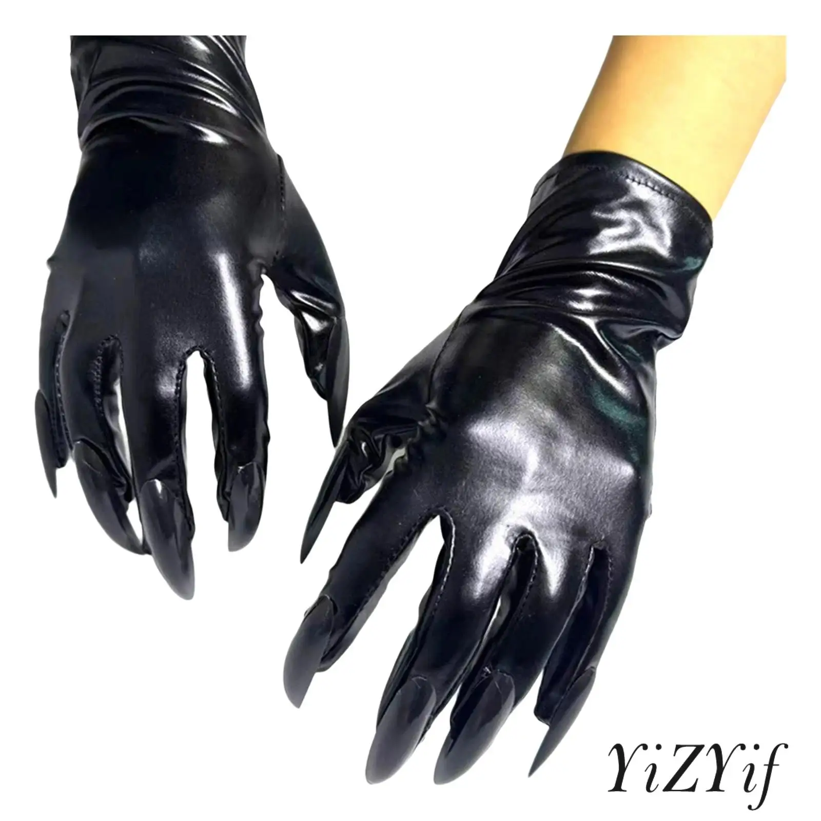 

1Pc Shiny Metallic Gloss Gloves Adorned with Nails Wrist Length Gloves for Halloween Cosplay Costume Hand Accessories
