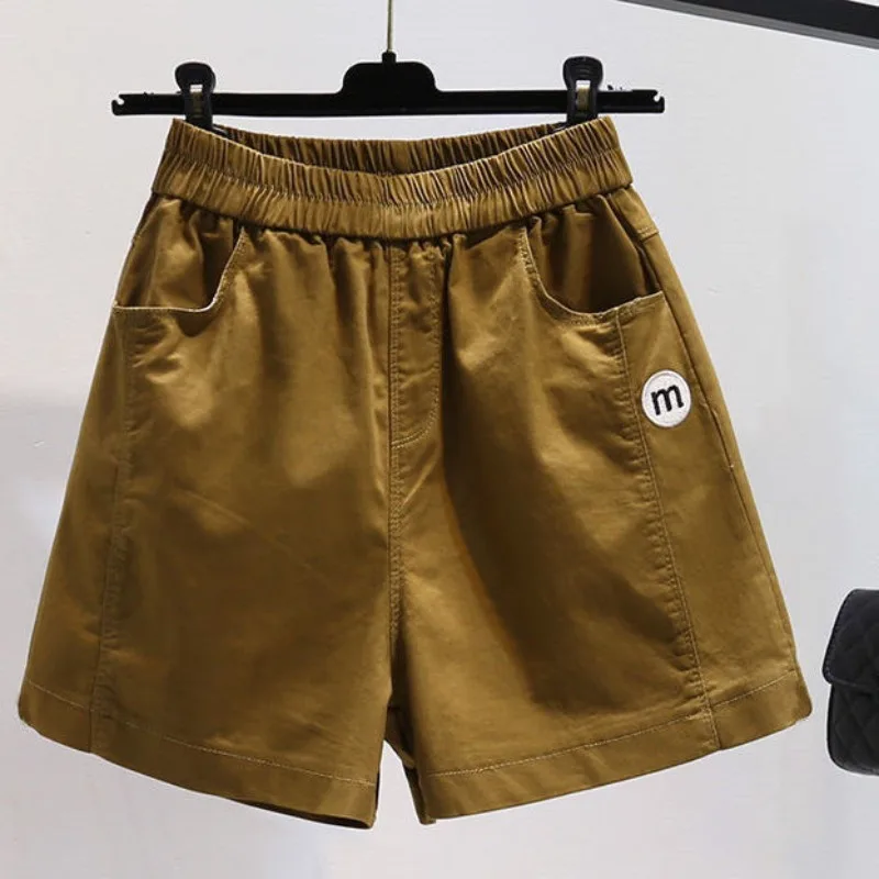 2024 summer Simple High Waist Women\'s Embroid Pocket Elastic Waist Versatile A-line Loose Slimming Thin Wide Leg Casual Shorts