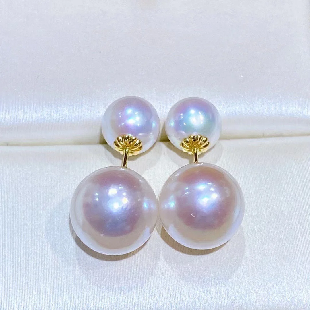 18K Gold Natural Freshwater Double Pearl Earrings, 8-7mm & 12-11mm Near Round Almost Flawless Strong Luster, Elegant Jewelry