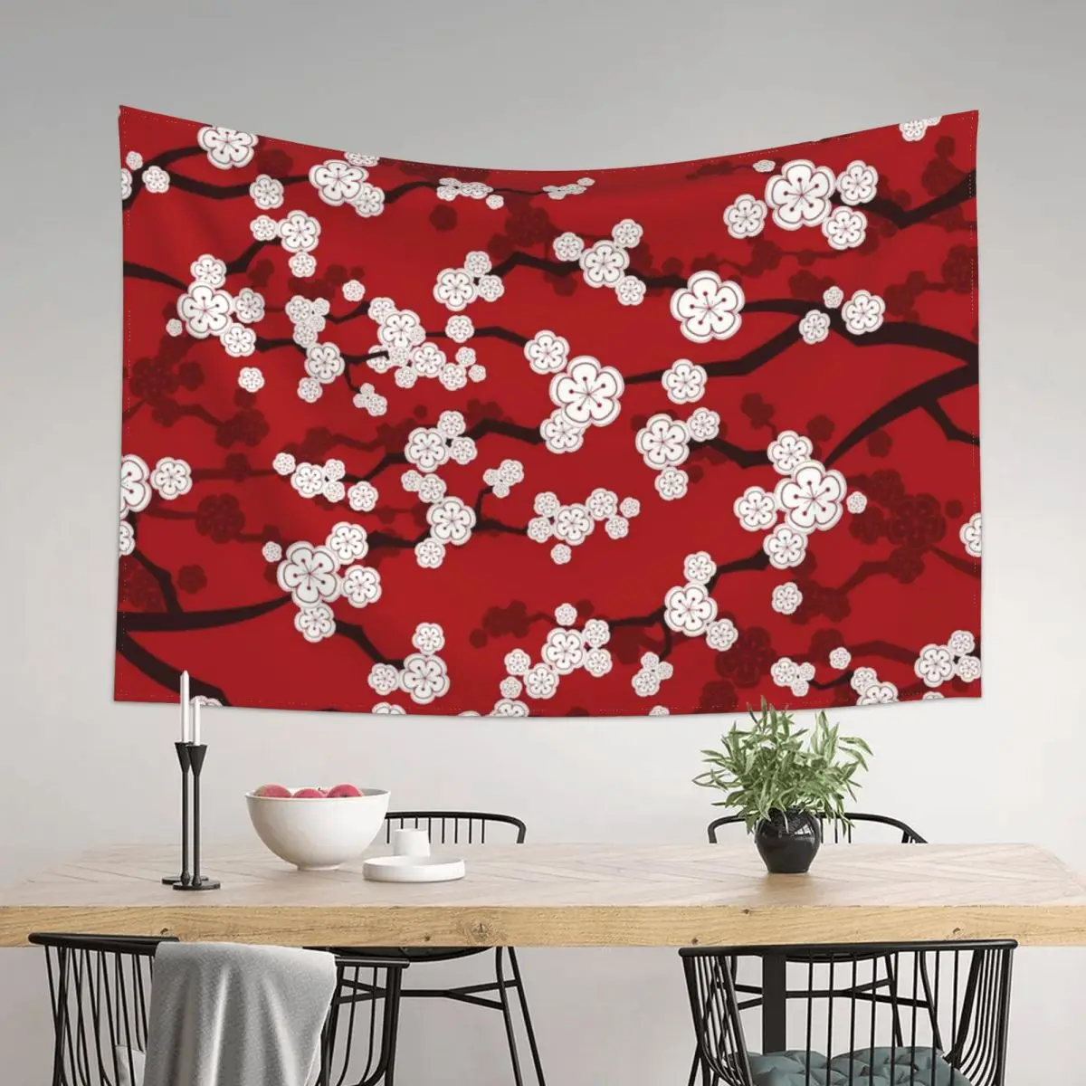 

White Oriental Cherry Blossoms On Red | Zen Japanese Sakura Flowers  fatfatin Tapestry Room Decorations Aesthetic Tapestry