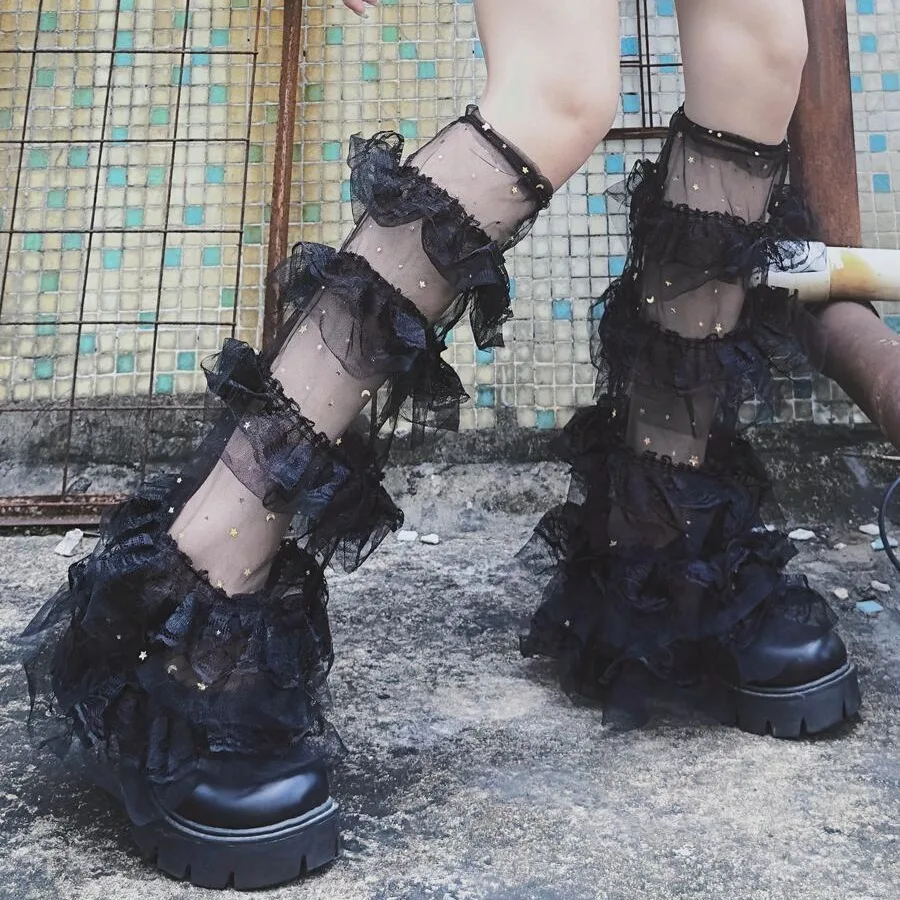 Ruffle Mesh Leg Cover Girl Lolita Sweet Sheer Layered Mid Tube Sequin Pile Calf Socks Flared Boot Cuffs Thigh Highs Socks
