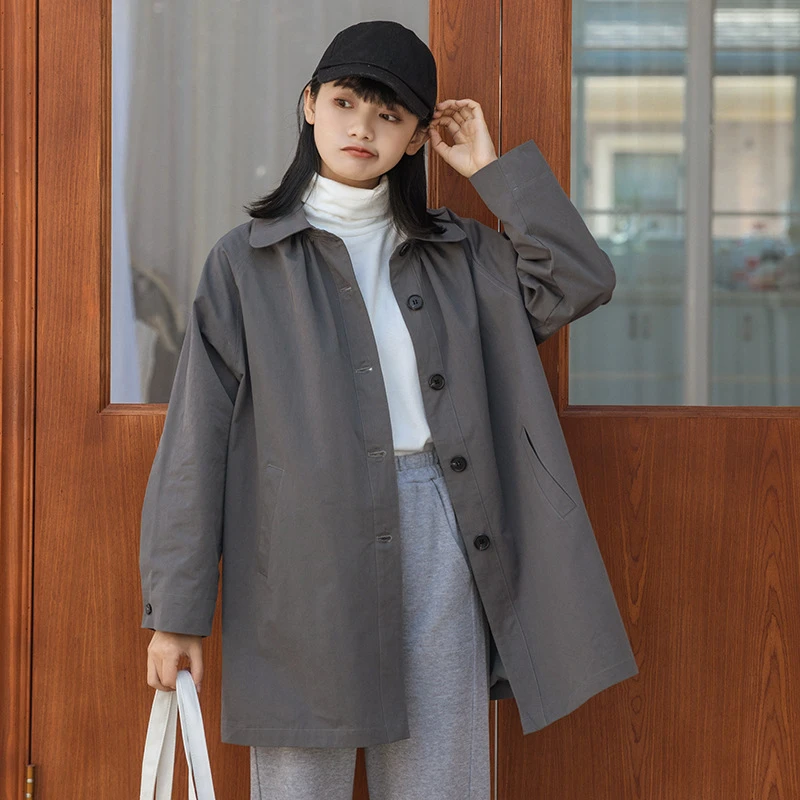 

Spring Autumn Retro Simple Mid-length Women Trench Coat Jackets Loose Casual Single Breasted Lapel College Gray Khaki Outerwear