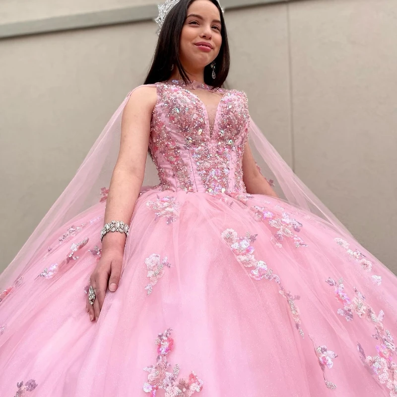 Pink Shiny Quinceanera Dresses Sweet Princess Ball Gown Birthday Party Gowns Applique Beads With Cape Vestidos De 15 Quinceañera