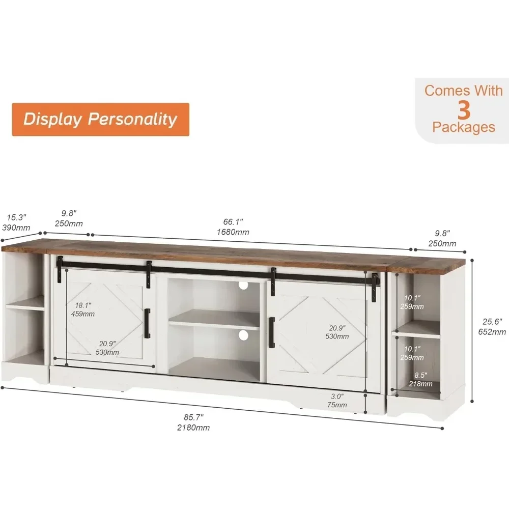 Stand TV untuk TV 95" dengan Penyimpanan Terbuka, Pusat Hiburan, Stand TV Kayu 3 in 1 Rumah Pertanian Modern