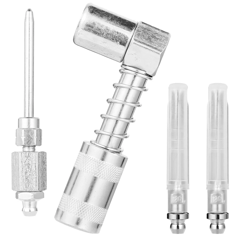 Professional 4 Piece 90 Degree Grease Needle Set, Featuring 1 Nozzle, Dispenser, And 2 Cap Injectors