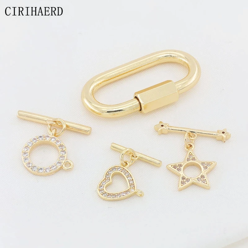 

Round Heart Toggle Clasp 14K Gold Plated Brass Inlaid Zircon Connection Buckle For Jewelry Making DIY Accessorise Spiral Clasps