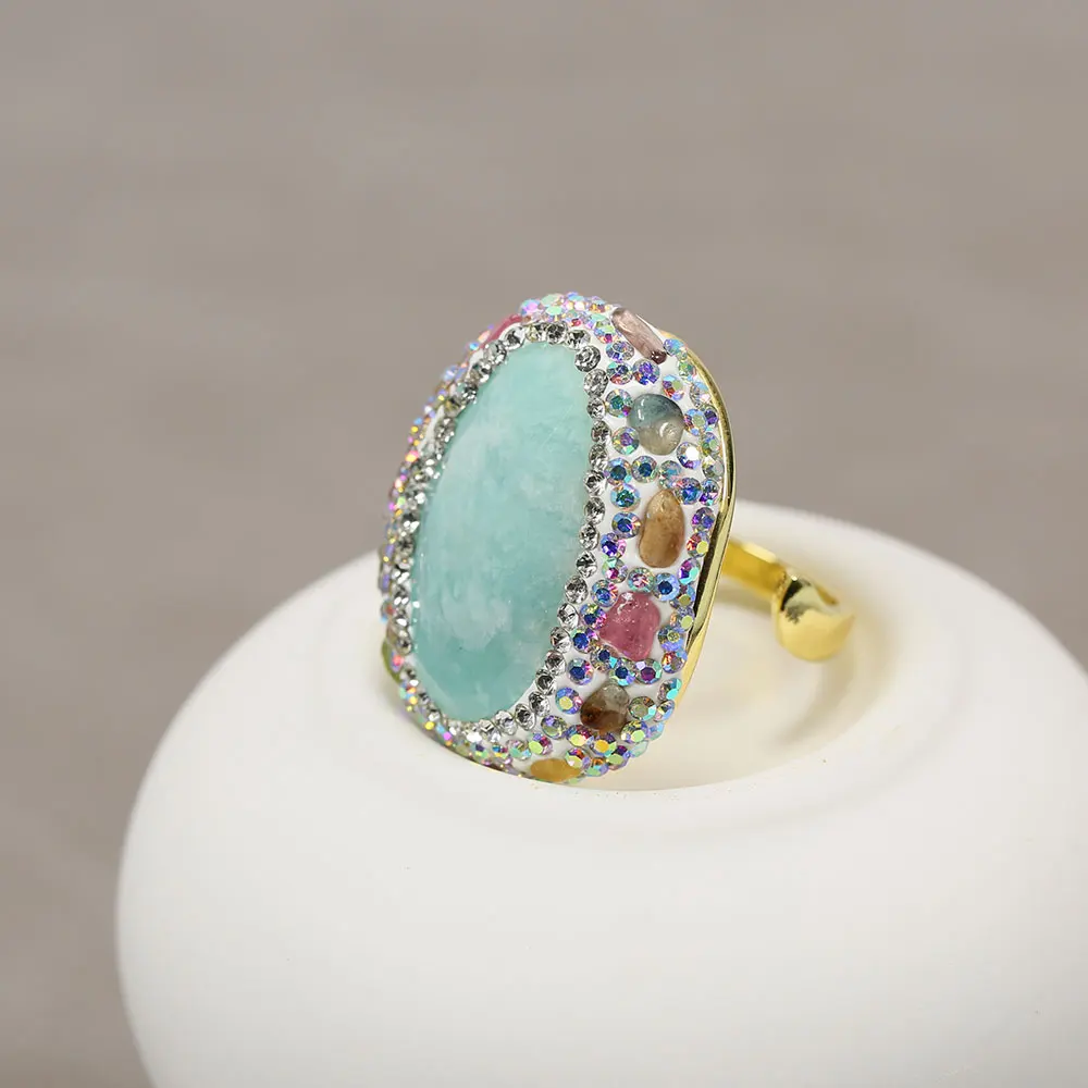 G-G Real Blue Amazonite Tourmaline Colorful CZ Paved Rings Adjustable Handmade Stone Ring Lady Simple Gifts
