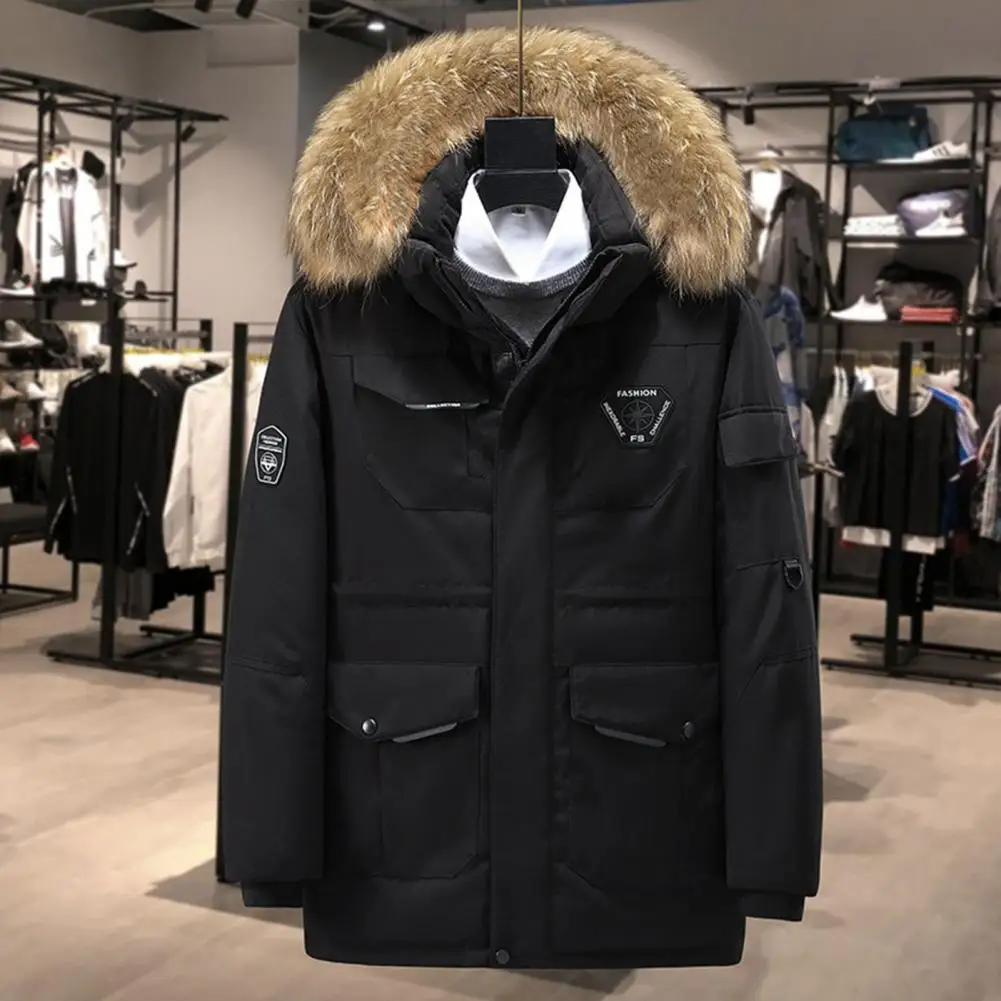 Winter Heren Parka's Effen Kleur Lange Mouw Nepbont Afwerking Donsjack Met Capuchon Winddichte Ritssluiting Cargo Donsjas Met Zakken