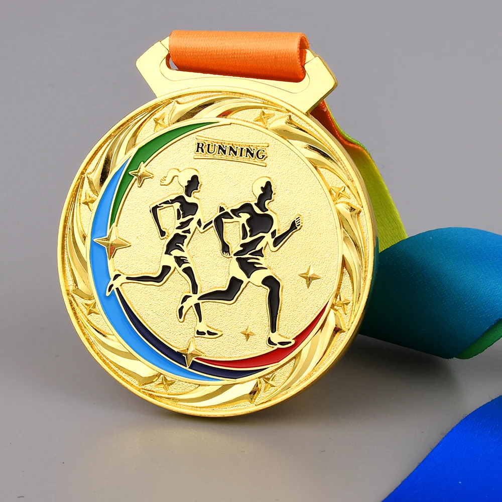 Running Runner Gold Medals Trophy Award With Neck Ribbons Runner Gold Silver Bronze Souvenir School Sports Prize Gift Free Print