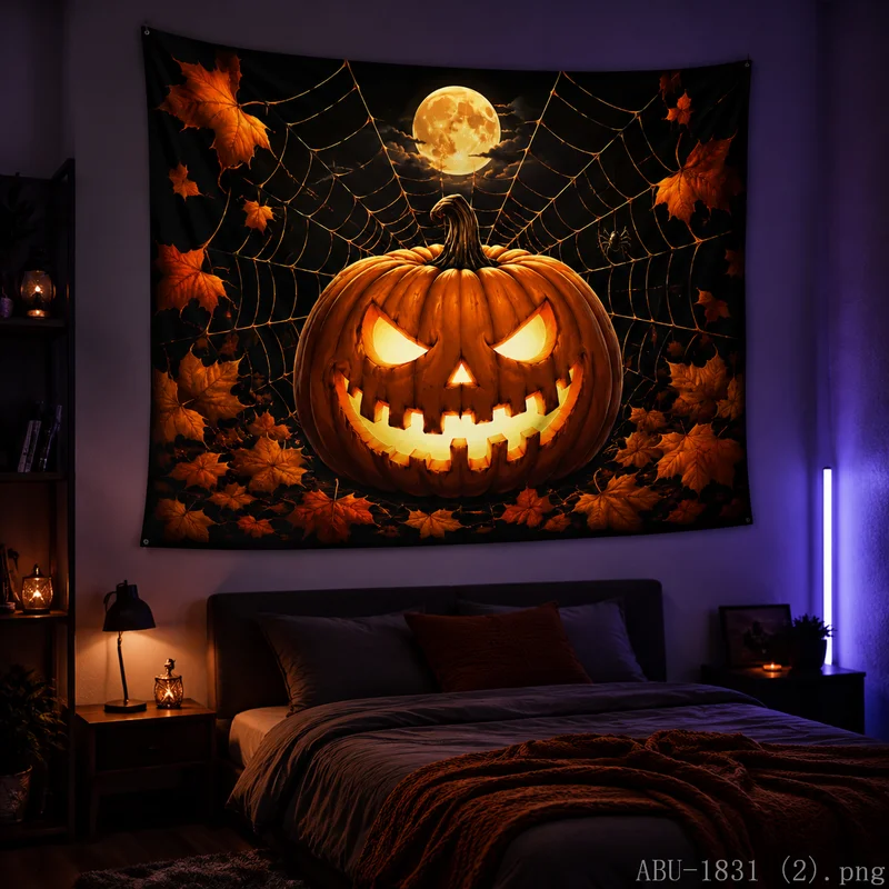 VIKAMA Evil Halloween Pumpkin Tapestry Swirl Maple Crescent Dark Starry Sky Wall Hanging Bedroom Dorm Holiday Decor Cloth