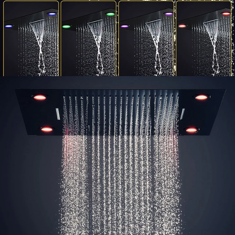 サーモスタットミキサー付きの大きな黒い天井シャワーセット,600x800mm,多機能シャワーヘッドシステム,滝のジェット,LEDライト