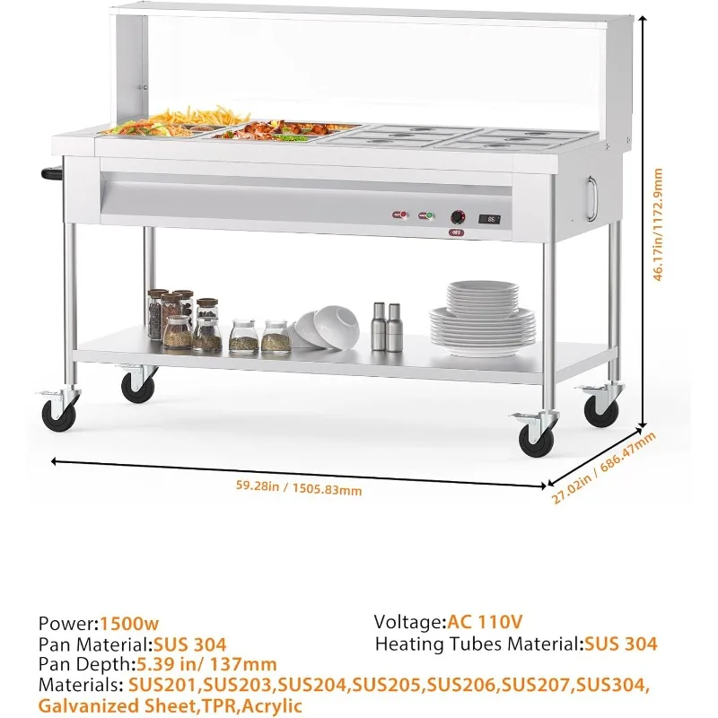 سخان الطعام التجاري 12x8QT طاولة بخار كهربائية 12 مقالي مع درع أكريليك من الفولاذ المقاوم للصدأ باين ماري كونترتوب مع L
