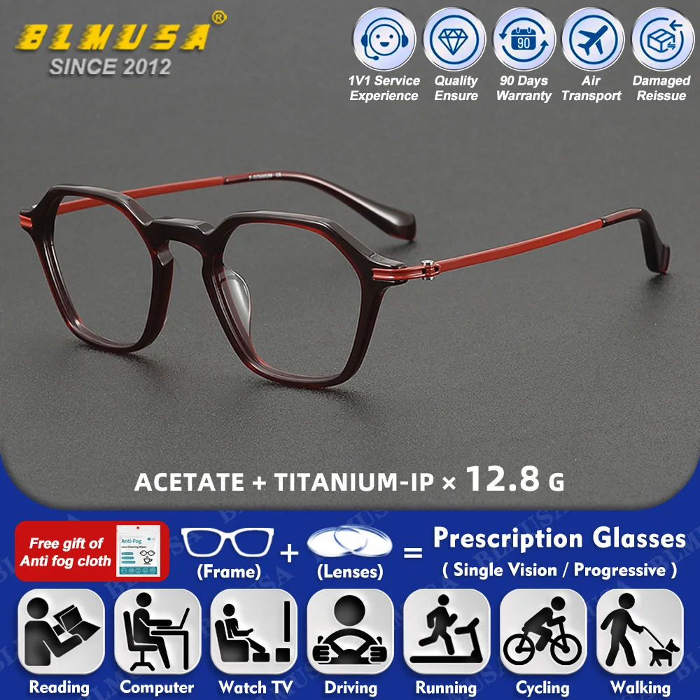

BLMUSA (S) Fashion Men Pure Titanium Polygonal Frame Customized Prescription Glasses Retro Women Anti Blue Light Optical Eyeware