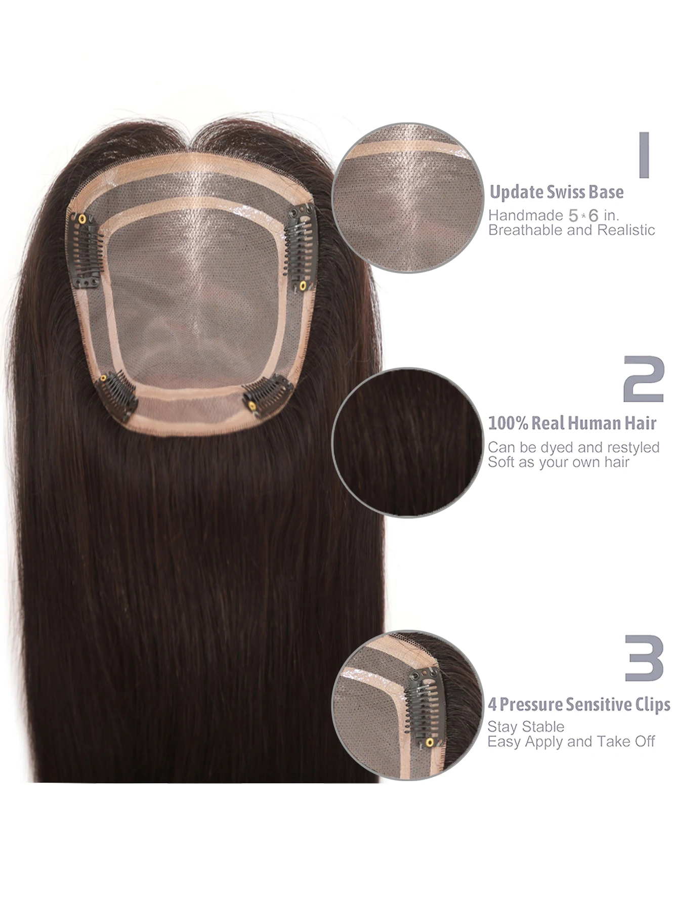 شعر بشري حقيقي 100% للنساء مشبك في قطع الشعر الحقيقية، قاعدة أحادية قابلة للتنفس لتغطية الشعر الرمادي الرقيق 1B أسود #6