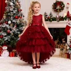 Elegant Flower Trailing Girls Party Dress Christmas Costume Tulle Bow Wedding Princess Dresses Girl Birthday Bridesmaids Evening