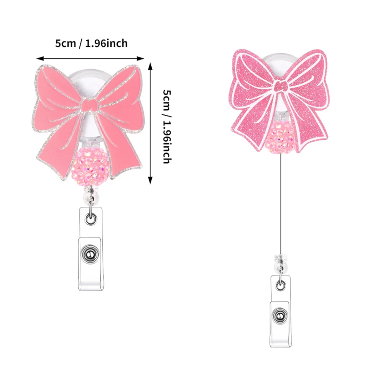 Rosa Schleifen-Abzeichenrolle, niedliche Abzeichenrolle mit Krokodilklemme, Ausweishalter, lustiger, glitzernder, einziehbarer Abzeichenrollen für die Krankenpflege – Detail 7