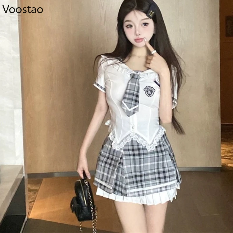 Preppy Style Sweet Lolita Two Piece Set Women Cute Sailor Collar Blouses Tops Mini Plaid Skirts Suit Female Korean Y2k Outfits