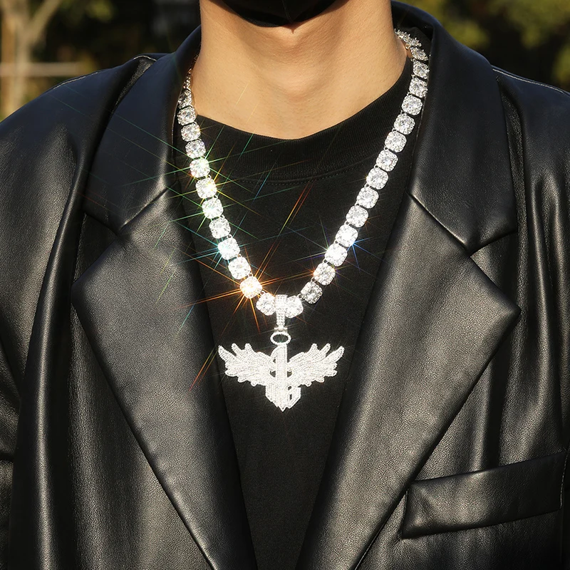 Hip Hop 5A+ CZ Stone Bling Ice Out Angel Wing Number 1 Pendants Necklace for Men Rapper Jewelry Gold Silver Color Drop Shipping view 6