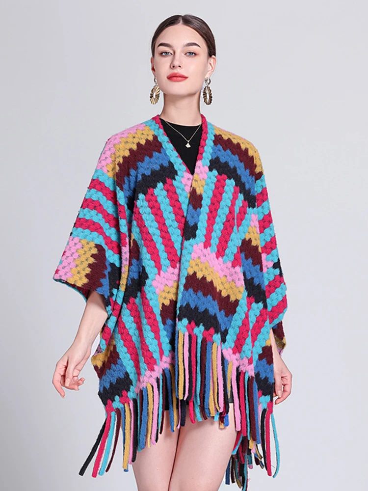 Fashion Winter Preppy Rainbow Scarf Women Ladies Layers Poncho Warm Femme Sweet Scarve Capa Para Mujer Pashmina Cloak Wrap Shawl