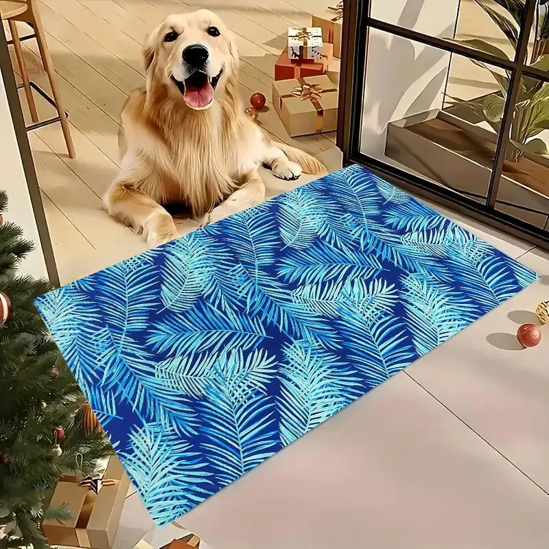 Tropical palm leaf 2D printed doormat in vibrant blue gradient for summer season display in malls cafés and hotel lobbies