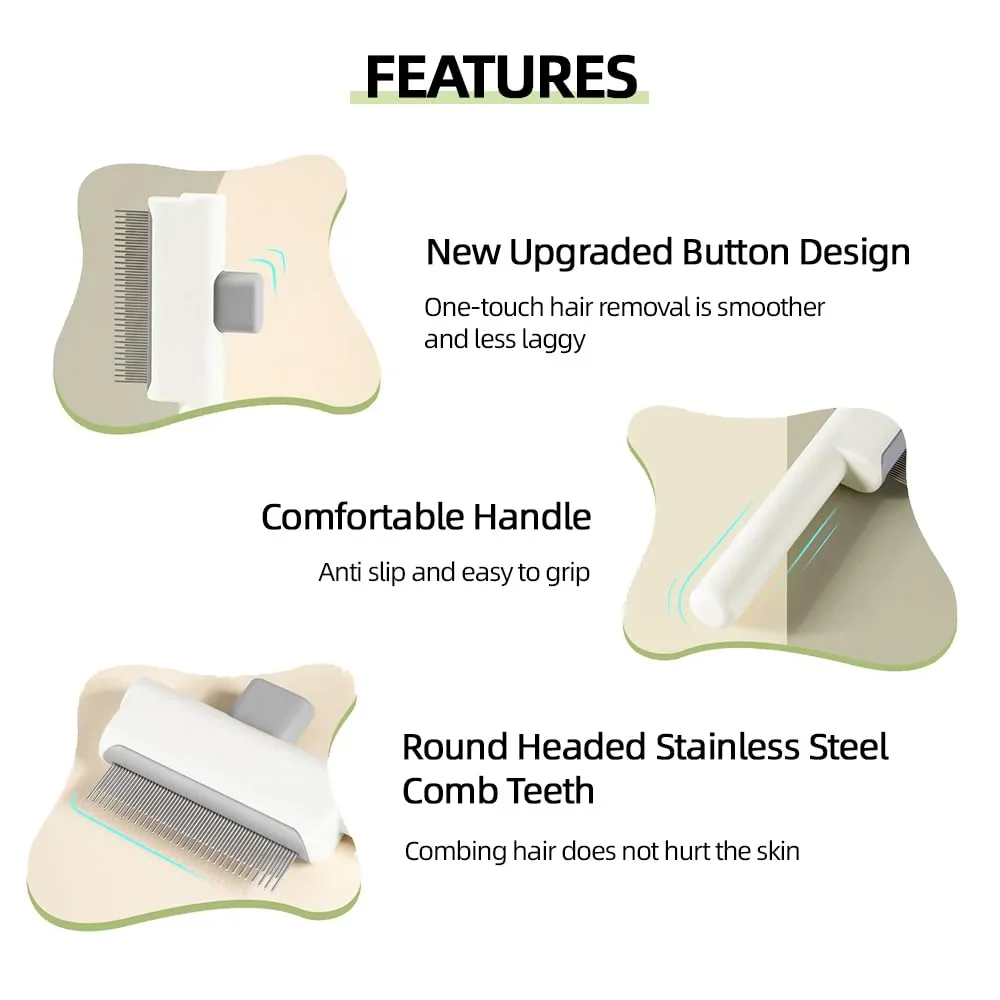 Pet Hair Removal Comb Flea Comb,New One-Click Self-Cleaning Pet Removal Combs for Short&Long Hair Cat Dog Comb for Grooming Mass