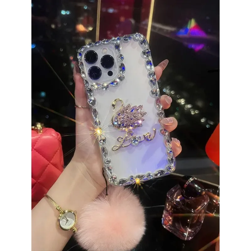 

Fashion Simplicity swan rhinestone Luxury Full Coverage With plush balls For iPhone 11 12 13 14 15 Pro Max Shockproof Phone case