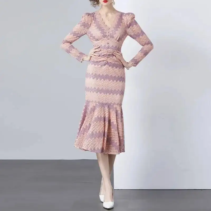 

BabYoung сексуальное весеннее платье с длинными рукавами, легкая плиссированная тонкая юбка с v-образным вырезом и запахом на бедрах, рыбий хвост