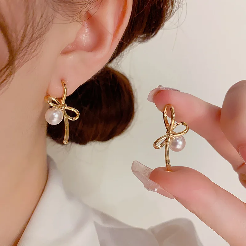 925 Silver Needle 14k gold plating Pearl Bowknot Hoop Earrings For Women Exaggerated Cute Fine Jewelry Accessories