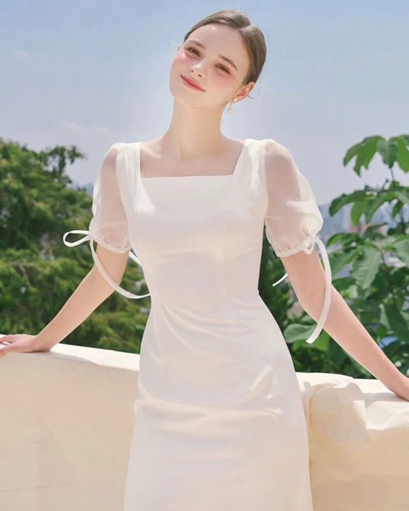 White Evening Dress 2023 New Women's Elegant Lace Up Puff Sleeve Fishtail Prom Gown Solid Square Collar Graduation Vestido