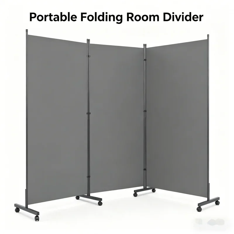Dark Gray 3-Panel Folding Room Divider with Wheels Movable Partition Wall for Office Hotel Home Portable Privacy Screen Space S