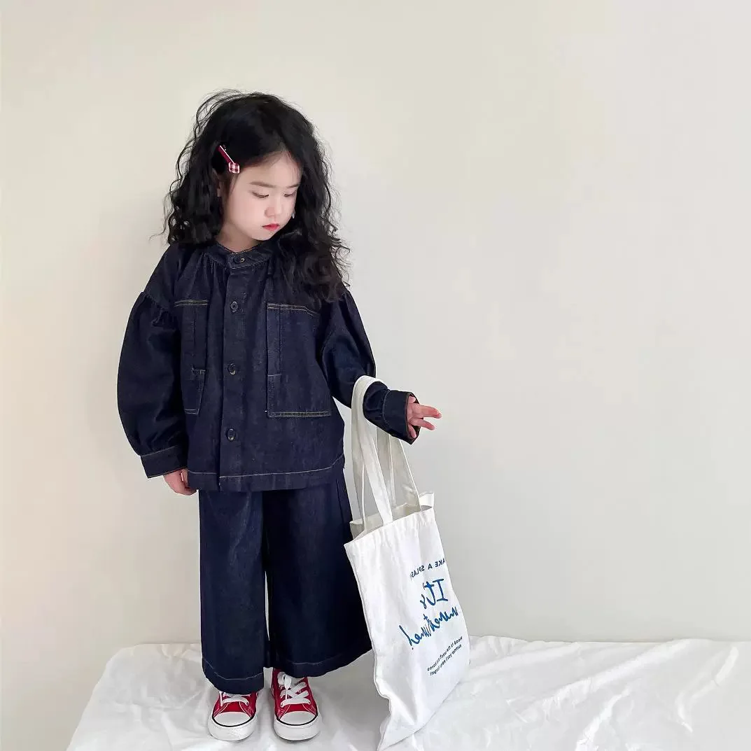 Girls Suit Denim Long Sleeve Round Neck Jacket Loose Wide-leg Pants Two-piece Set 2024 Autumn and Winter Clothes