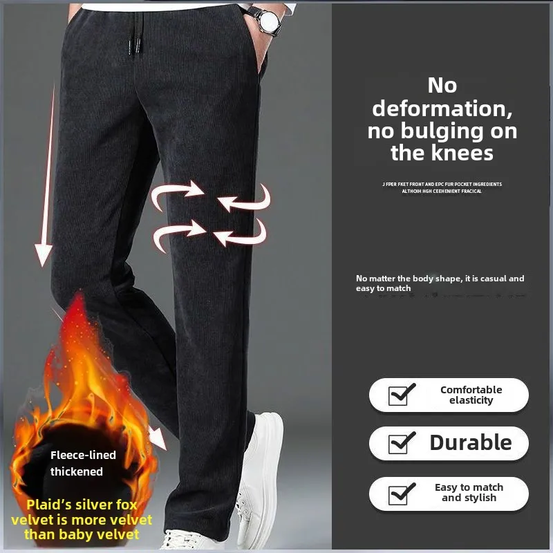 Winter Warm Casual Pants for Men with Full Length Brushed Pants Plus-Size Loose Fit Velvet Corduroy Trousers Baggy Sweatpants