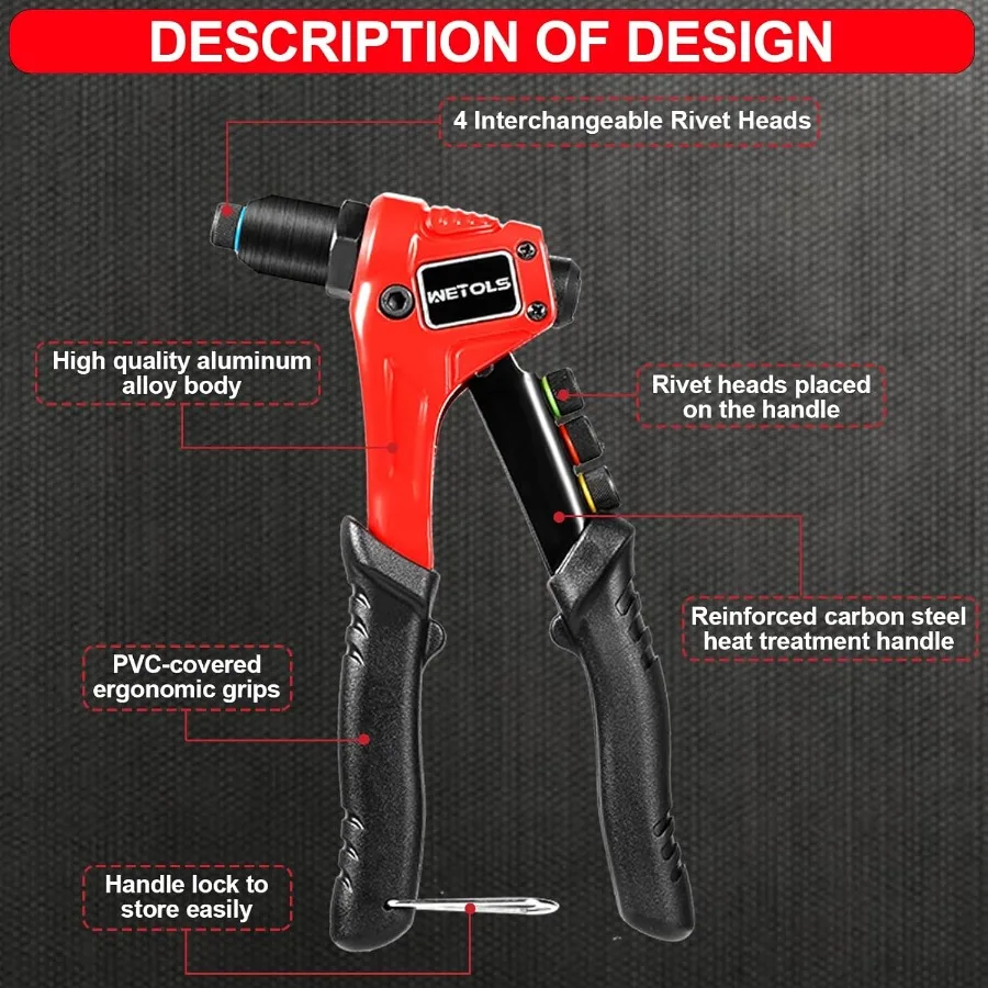 Verbeterde handmatige pop-klinknagelpistoolset met één hand, 200 blinde klinknagels, 4 gereedschapsvrije verwisselbare klinknagelkoppen, 4 boren en Dura