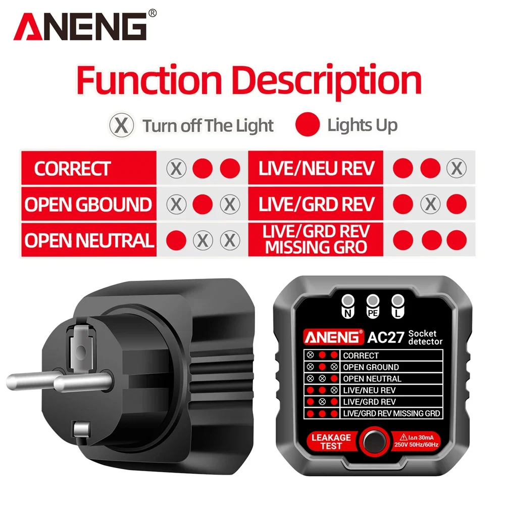 ANENG AC27 Socket Tester Voltage Test Socket Detector Ground Zero Line Polarity Phase Check Tool Circuit Checker  EU/US Plug