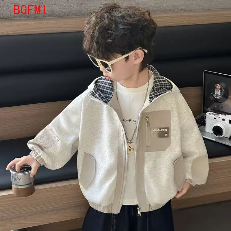 

Детская хлопковая куртка на молнии для мальчиков, весна-осень 2026, модная корейская детская одежда, повседневная, в стиле пэчворк, свободного кроя, однотонная куртка-пальто