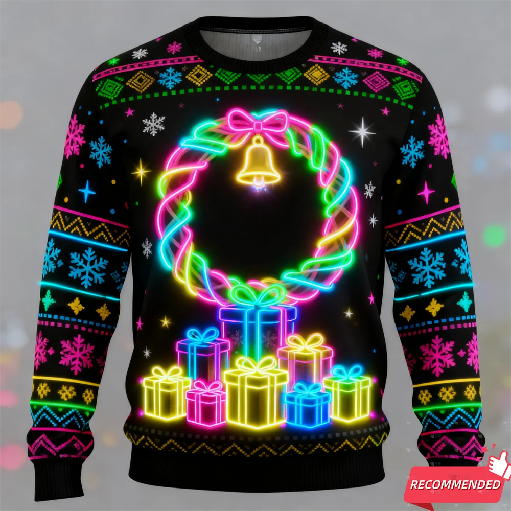 Harajuku وهمية النيون قطار الجرافيك بلوزات الأيائل حفلة عيد الميلاد ثلاثية الأبعاد طباعة القبيح عيد الميلاد سترة للجنسين البلوفرات الشارع الشهير الصبي القمم #3