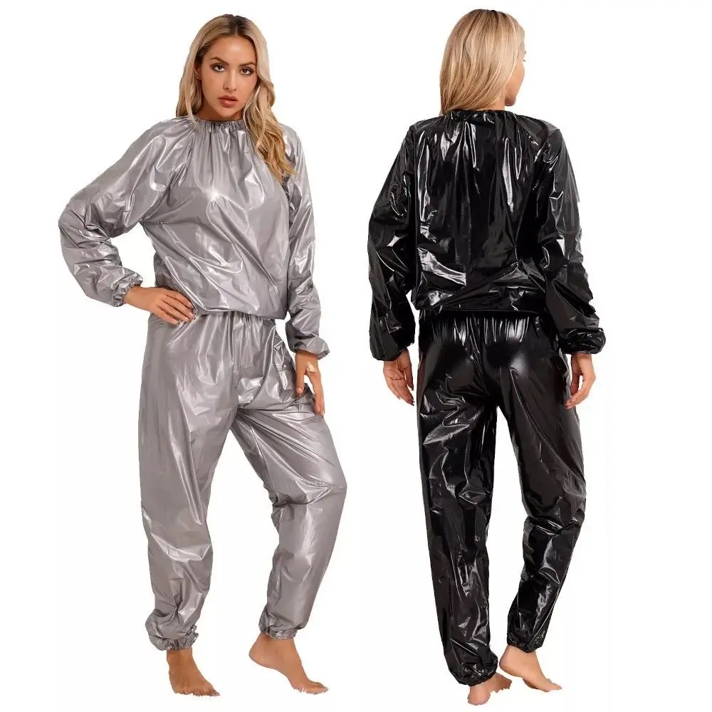 Sport Suit Men Women PVC Sauna Suit Long Sleeve Elastic Waist Summer Men's Top Pants Set Sweat Suit Weight Loss Fitness Clothing image 6