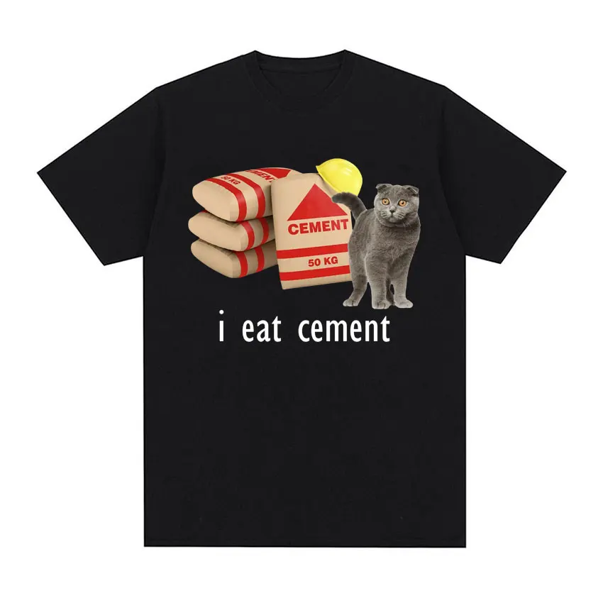 I Eat Cement Cursed Cat Funny Meme T Shirt for Men Women Fashion Casual Short Sleeve T Shirts Male Oversized Cotton T-shirt Tops