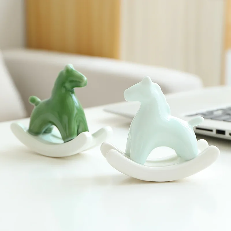 Creative Mini Green Ceramic Rocking Horse Ornament Office Desk Home Furnishing Knickknacks Home Accessories Aesthetic Room Decor