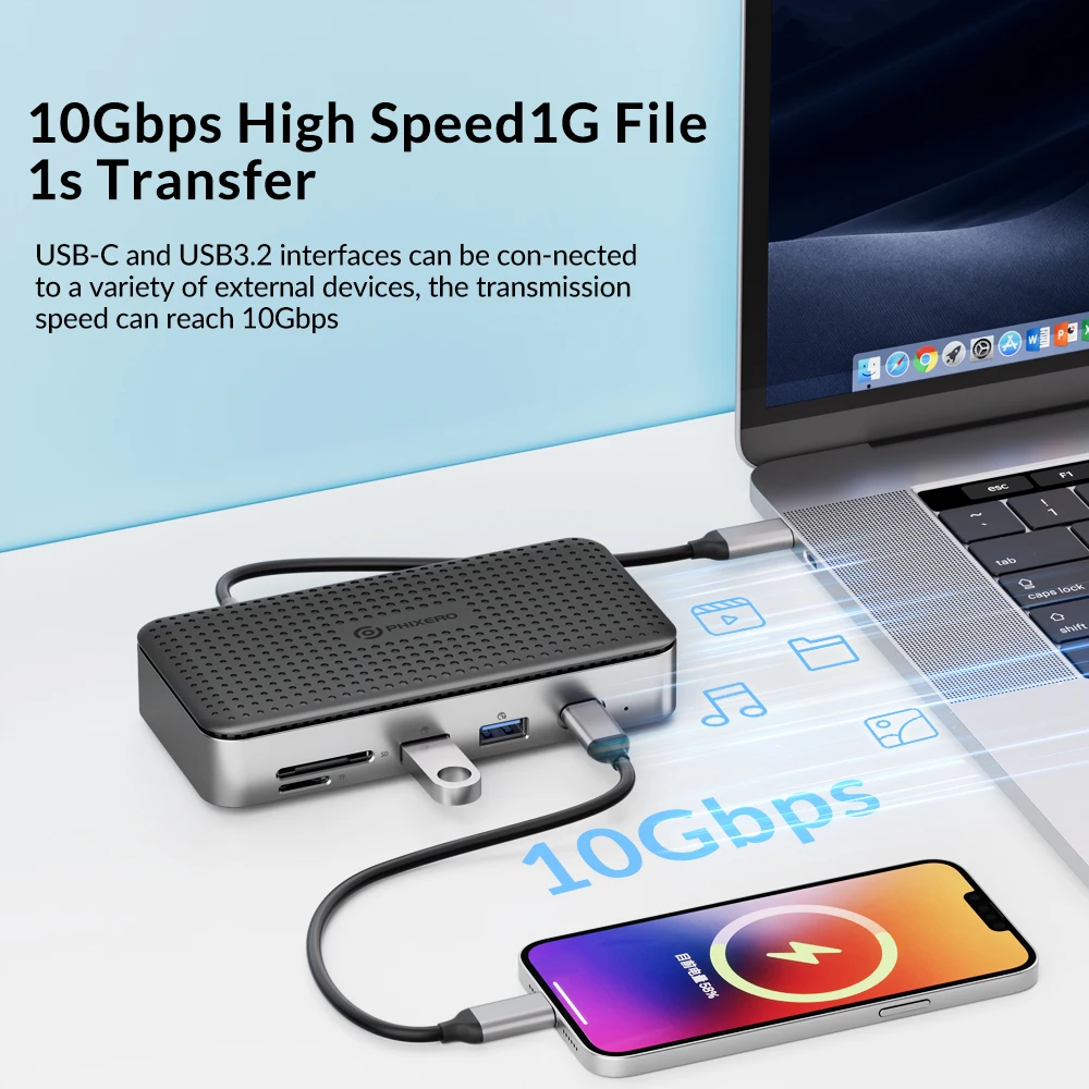 Imagem -03 - Phixero-hdd Docking Station M.2 Ssd Usb c 10gbps pd 100w Rj45 sd tf 4k Dock Station para Laptop Macbook pc