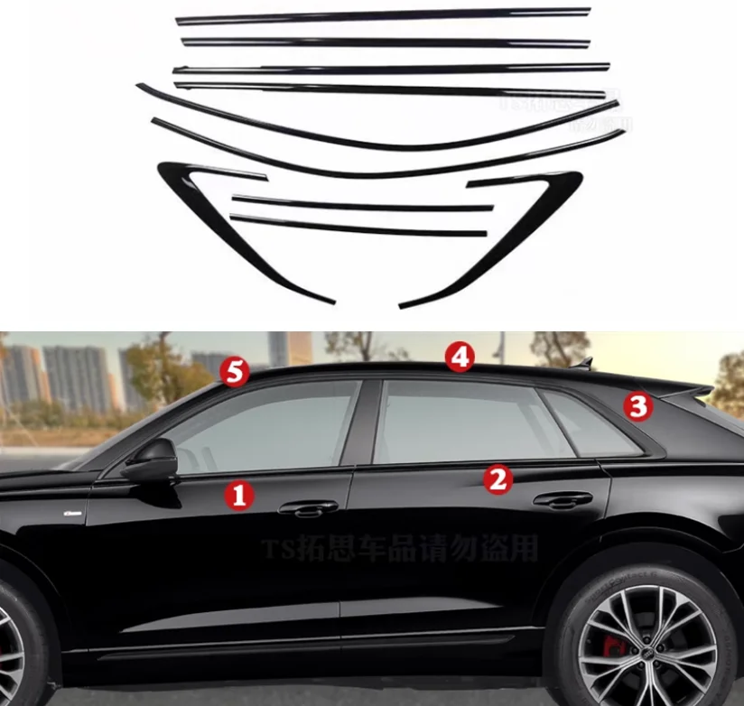 Black Full Window Sill Door Frame Center Pillars Molding Trims Cover For Audi Q7 2016-2023 Q8 2018-2024