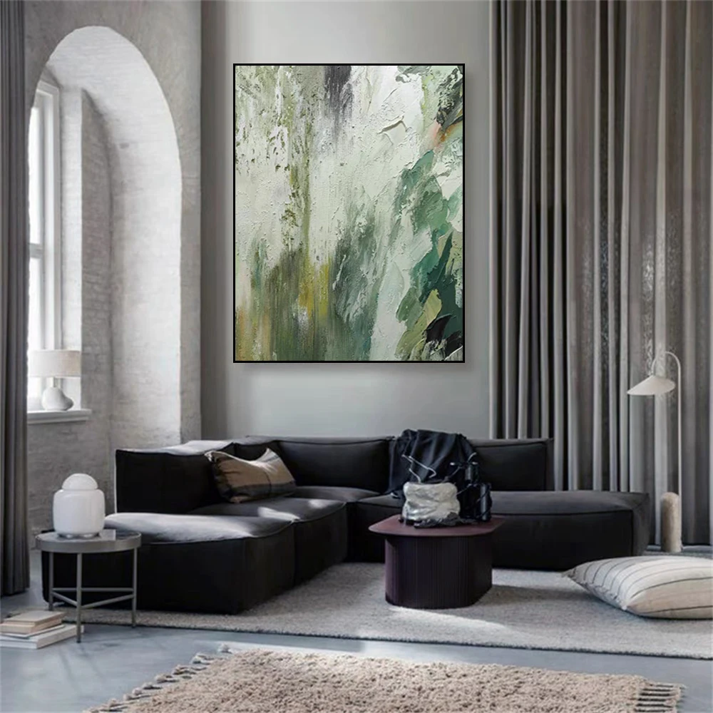 

100% Hand Drawn Oil Painting Modern Morandi Green Texture Simple Abstract Canvas Wall Art Picture For Home Living Room Decor