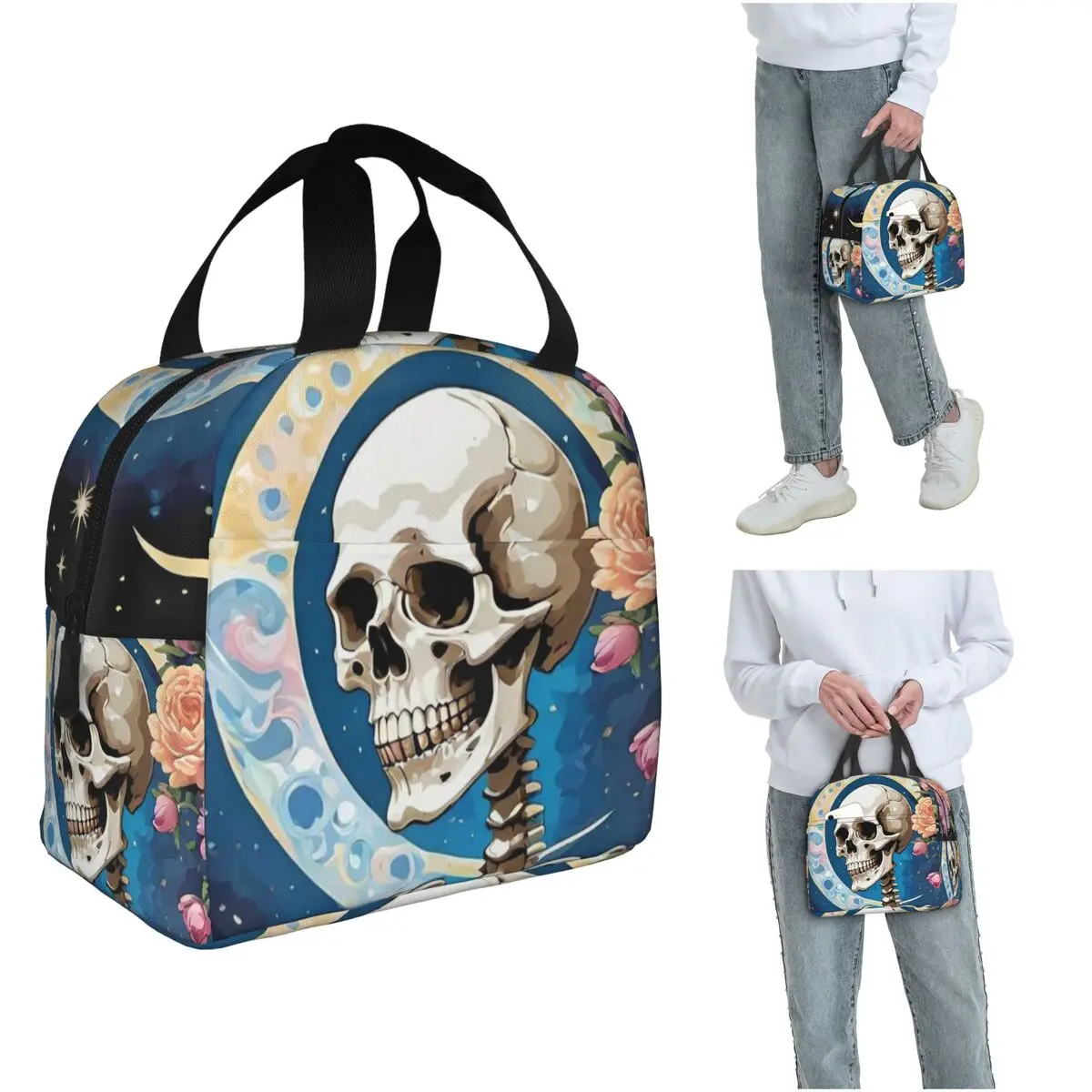 

Термосумка для обедов с изображением скелета, окруженного разноцветными цветами, для женщин и детей, портативная коробка для еды, термосумка-тоут
