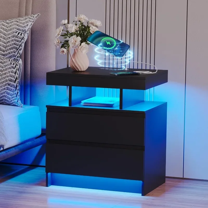 Charging Station and LED Light, Modern Night Stand with 2 Drawers, Smart Nightstand with USB Ports and Wireless Charger